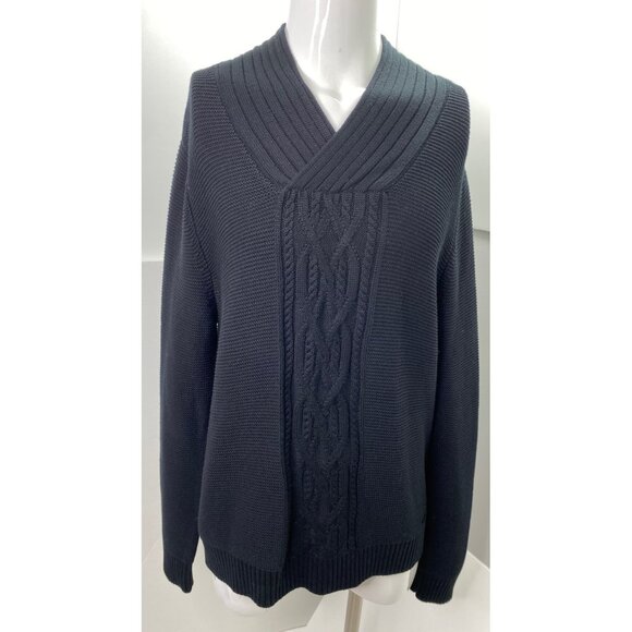 Calvin Klein Fisherman Cable Knit Sweater Men XL Chunky V Neck Black Pullover - Picture 1 of 11